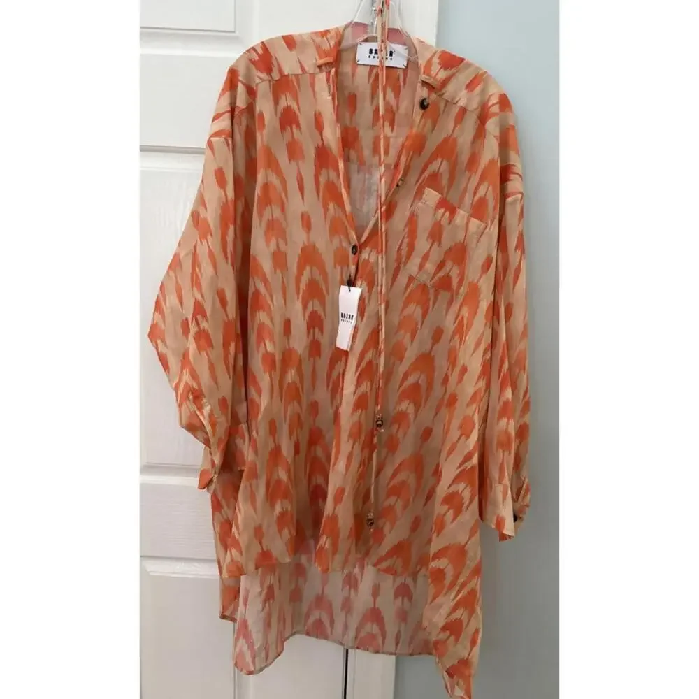 BAZAR DELUXE Kaftan NWT Size 48 Tan Orange Beach Cover - Picture 1 of 10